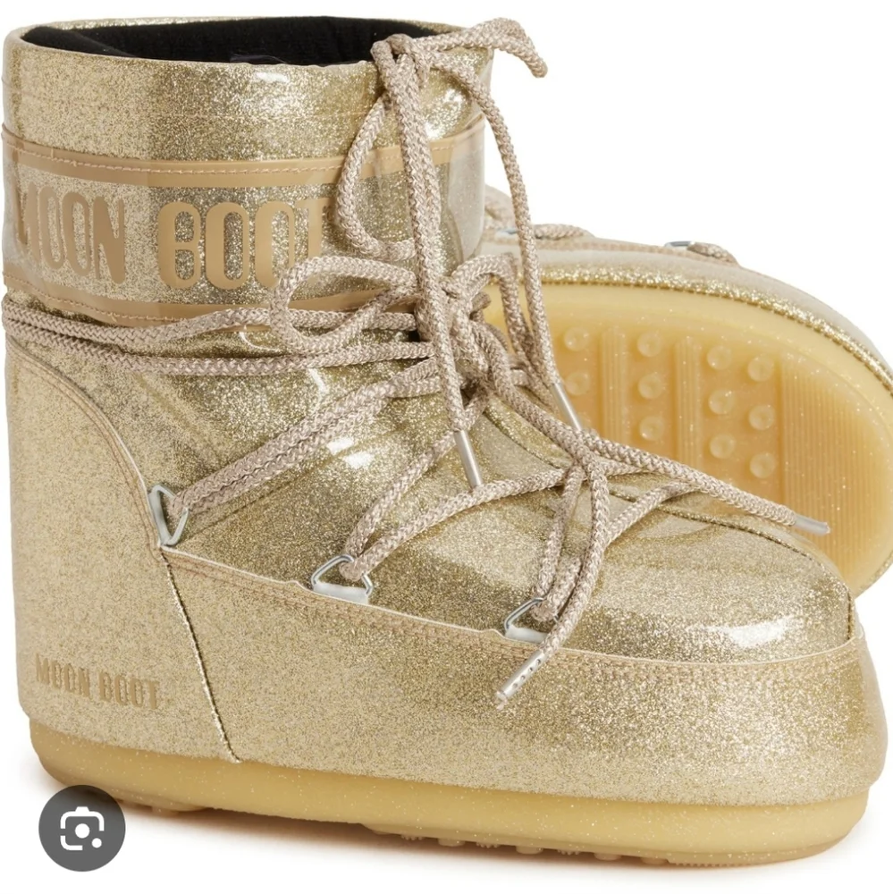 Moon Boot Low Icon Glitter Snow Boot Gold Moon Boots Glitter Gold Boots Short - Picture 1 of 17